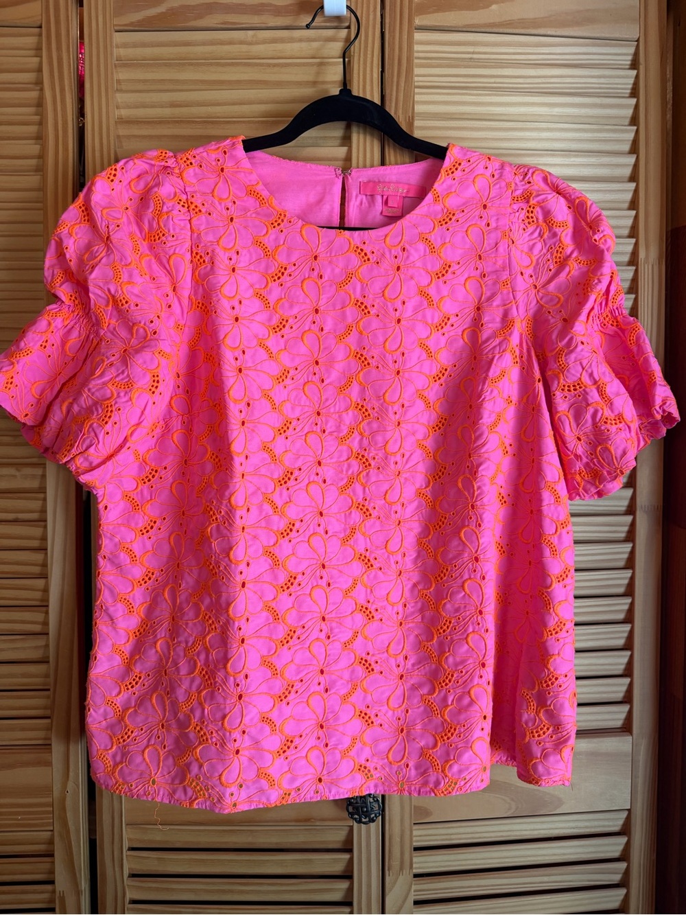 Lilly Pulitzer Neon Pink & Orange Eyelet Puff Sleeve Blouse
